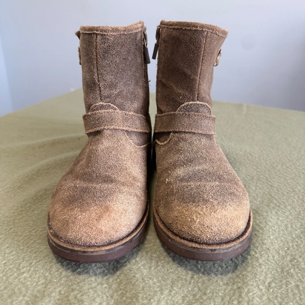 UGG K Harwell Bomber Boots Kids Brown Teak Leather Wool‎ Lining Size 3